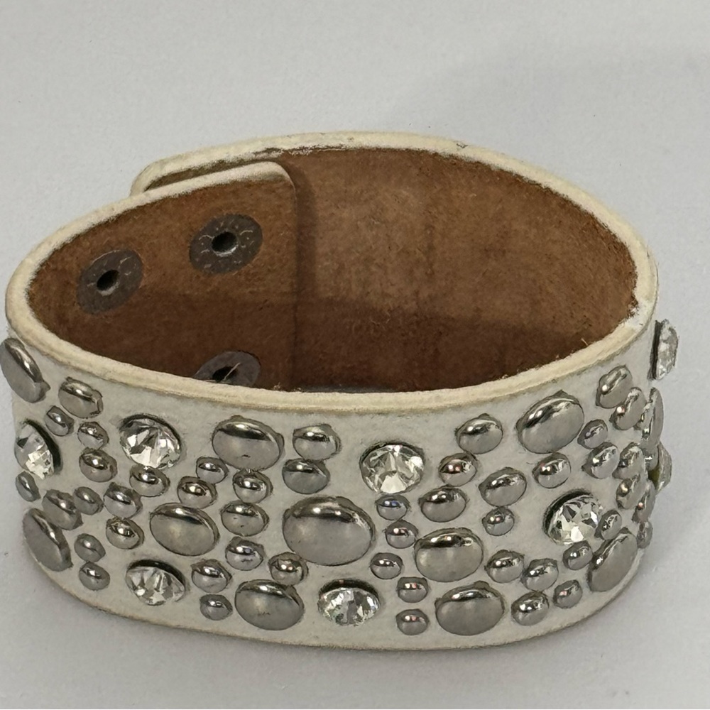 White Leather Studded Crystal Cuff Bracelet
